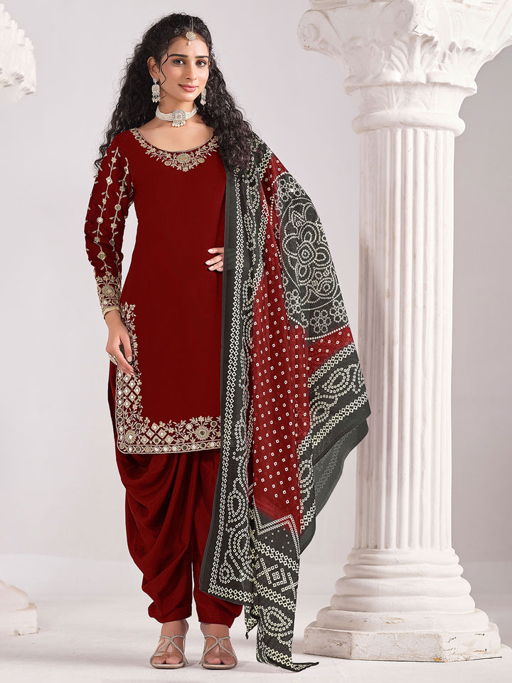 Embroidered Art Silk Semi Stitched Kurta With Patiala Salwar &amp; Dupatta