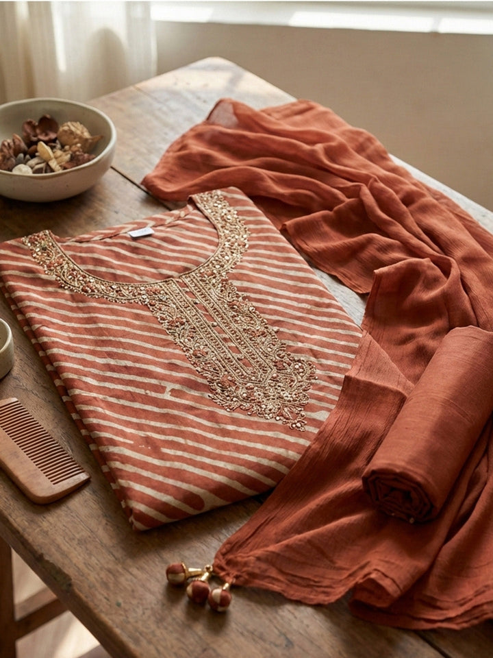 Printed Cotton Blend Unstitched Suit With Pant &amp; Dupatta