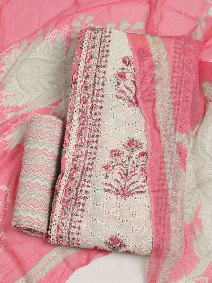 Printed Cotton Unstitched Suit With Pant &amp; Dupatta