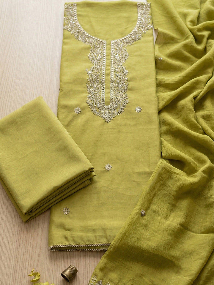 Embroidered Chanderi Unstitched Suit With Pant &amp; Dupatta