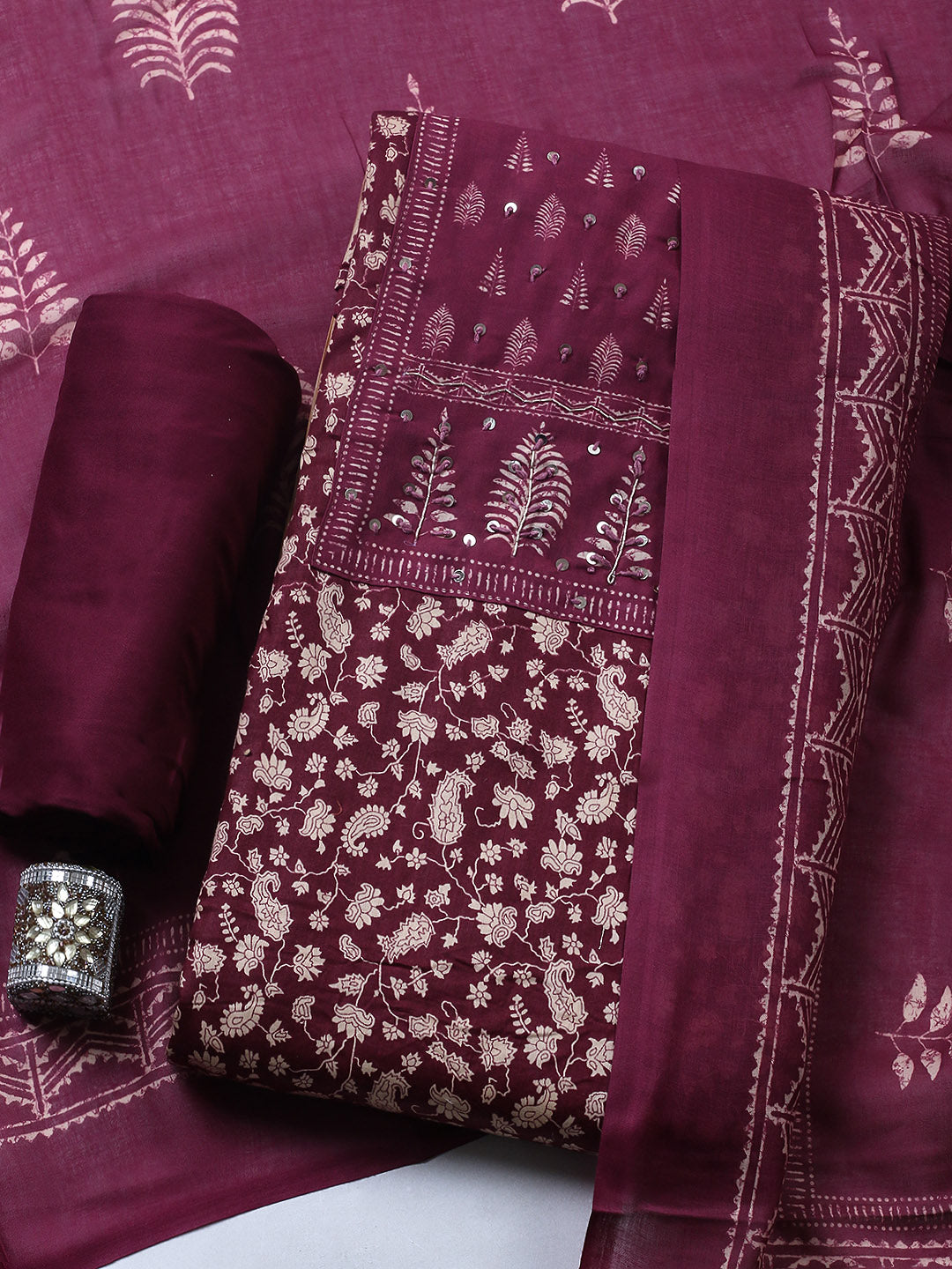 Printed Cotton Blend Unstitched Suit With Pant &amp; Dupatta