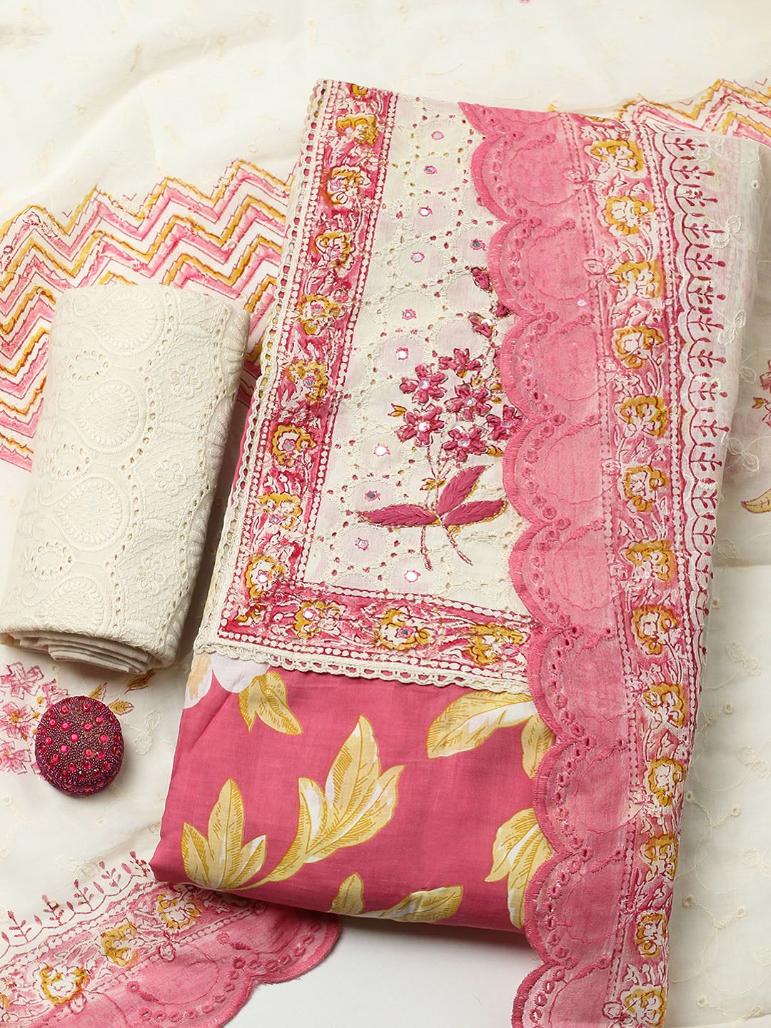 Printed Cotton Blend Unstitched Suit With Pant &amp; Dupatta