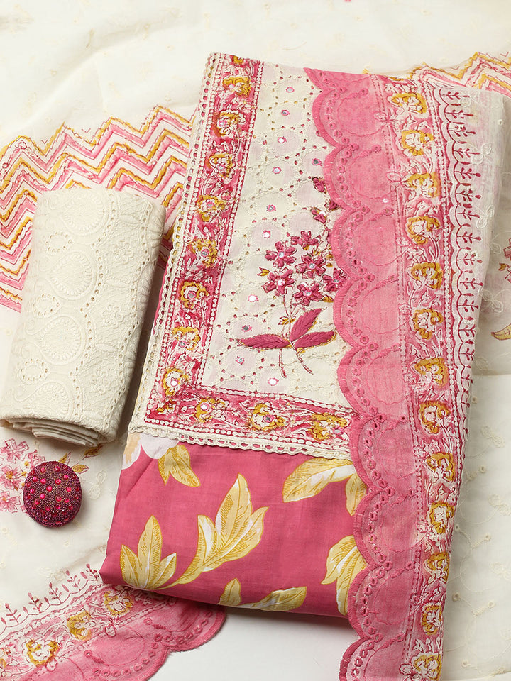 Printed Cotton Blend Unstitched Suit With Pant &amp; Dupatta