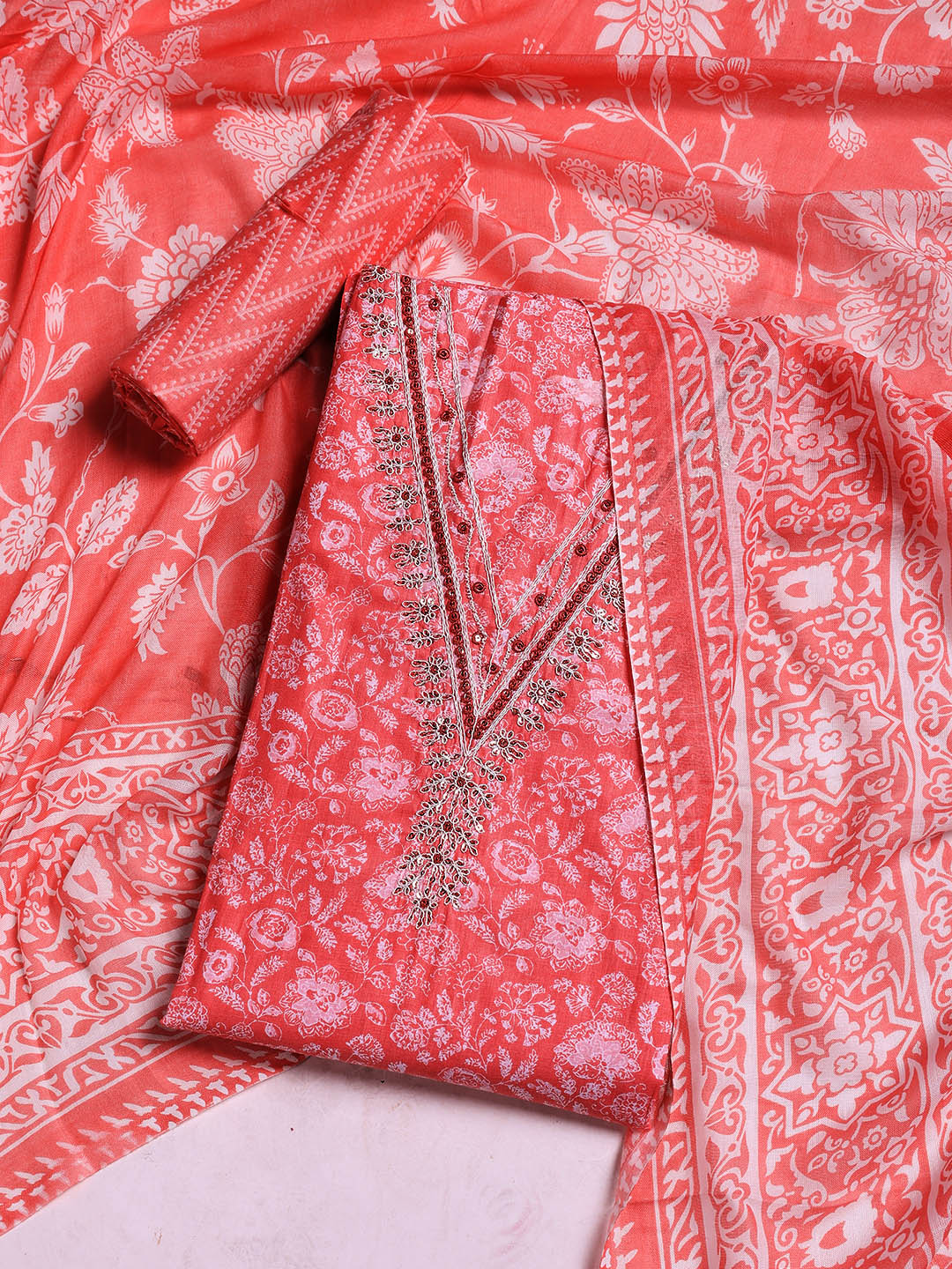Printed Cotton Blend Unstitched Suit With Dupatta