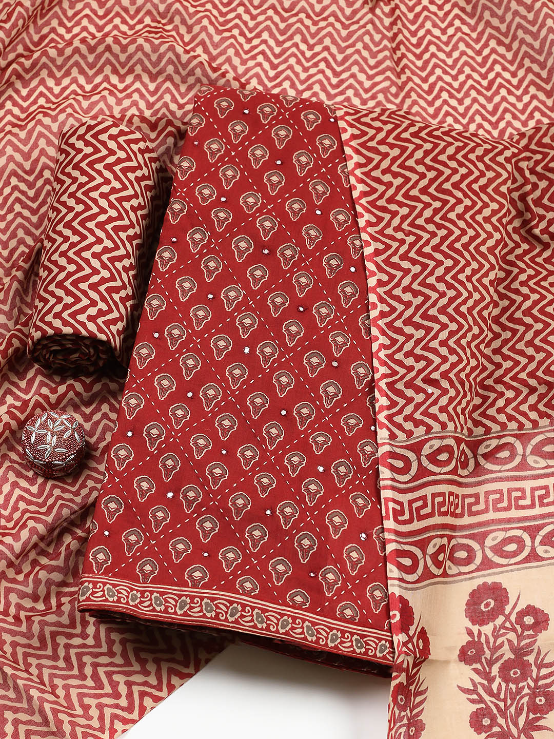 Embroidered Cotton Unstitched Suit With Pant &amp; Dupatta