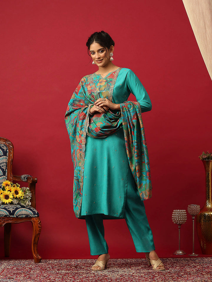 Printed Muslin Lake Blue Kurta With Pant &amp; Dupatta