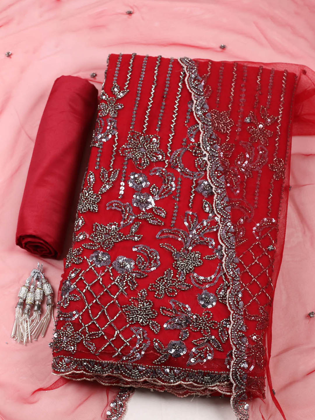Embroidered Net Unstitched Suit With Pant &amp; Dupatta