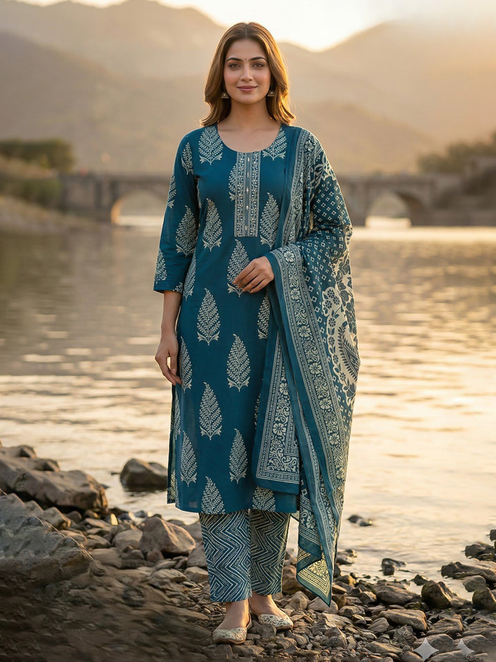 Blue Printed Cotton Blend Straight Suit Set With Dupatta