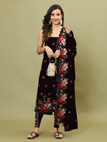 Embroidered Velvet Unstitched Suit Piece With Dupatta