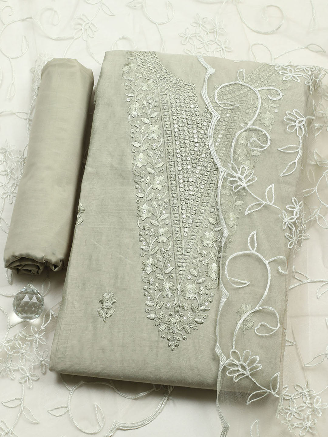 Embroidered Chanderi Unstitched Suit With Pant &amp; Dupatta