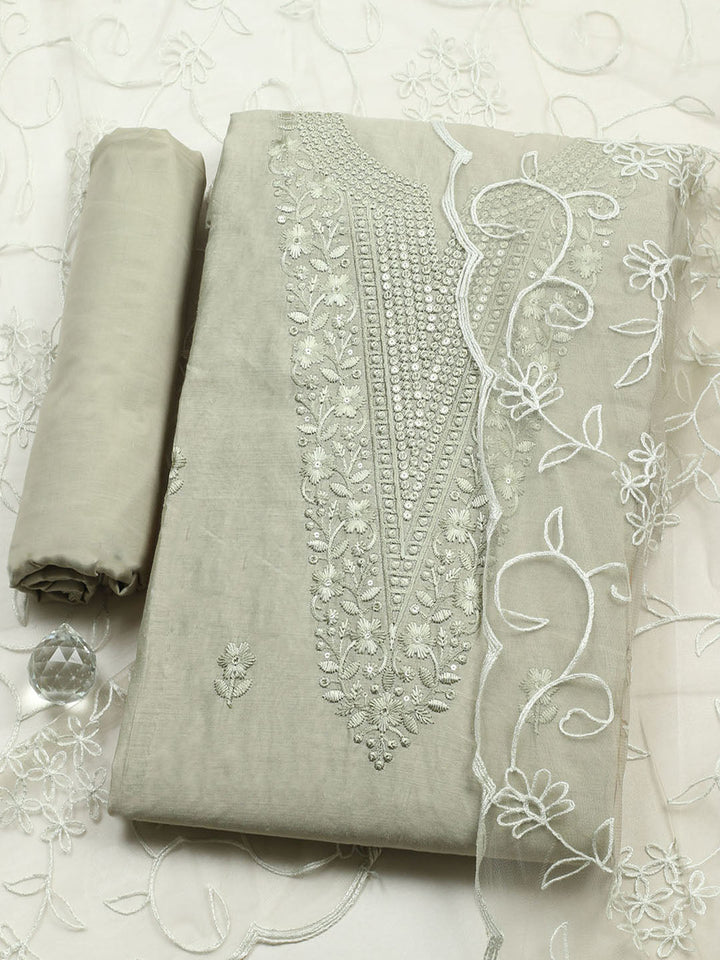 Embroidered Chanderi Unstitched Suit With Pant &amp; Dupatta