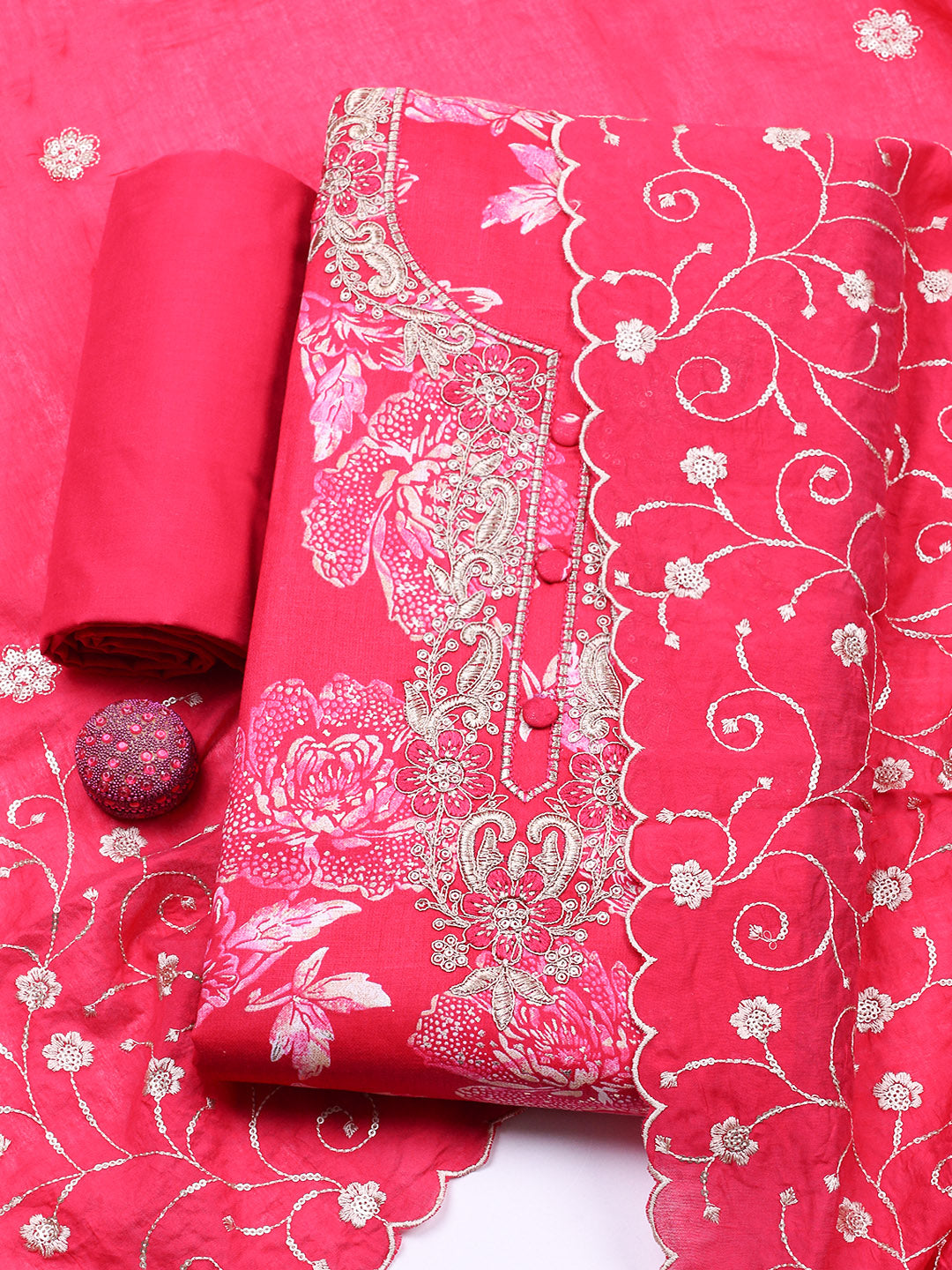 Embroidered Cotton Unstitched Suit With Pant &amp; Dupatta
