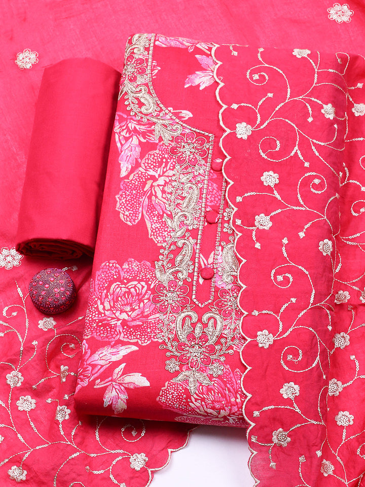Embroidered Cotton Unstitched Suit With Pant &amp; Dupatta
