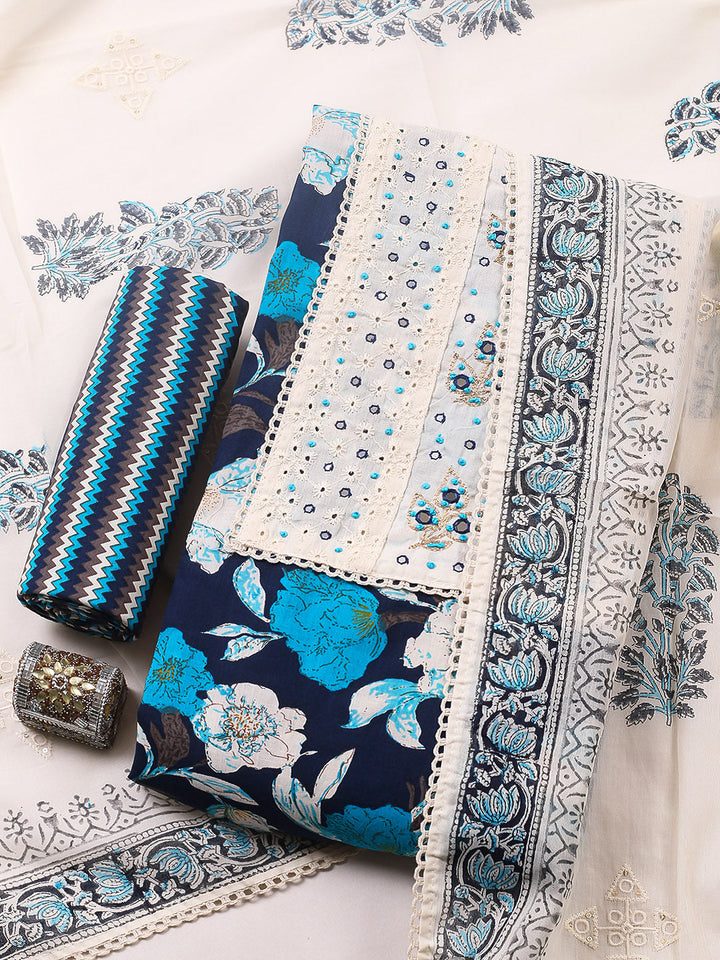 Embroidered Cotton Blend Unstitched Suit With Pant &amp; Dupatta