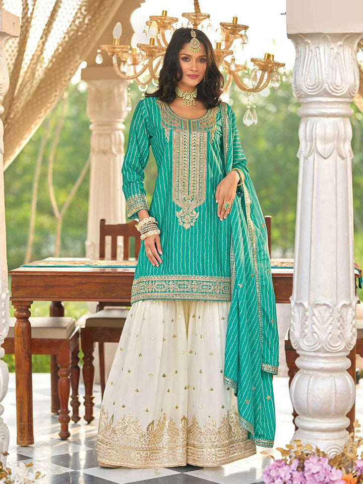 Embroidered Chinon Kurti With Gharara &amp; Dupatta