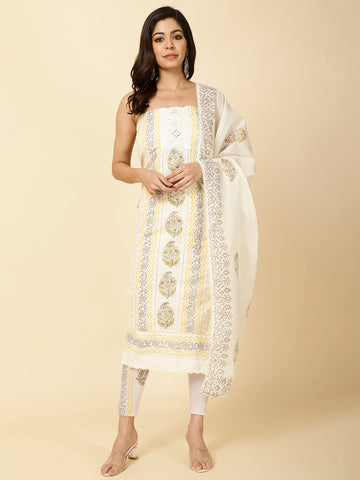 Panel Embroidery Printed Cotton Unstitched Suit Piece With Dupatta