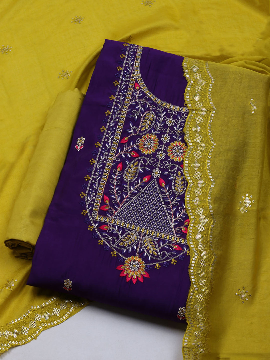 Embroidered Chanderi Unstitched Suit With Dupatta