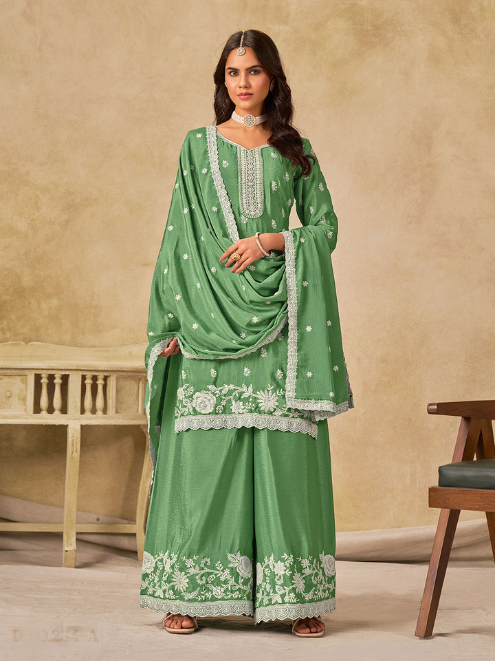 Embroidered Chinnon Semi Stitched Kurta With Plazzo &amp; Dupatta