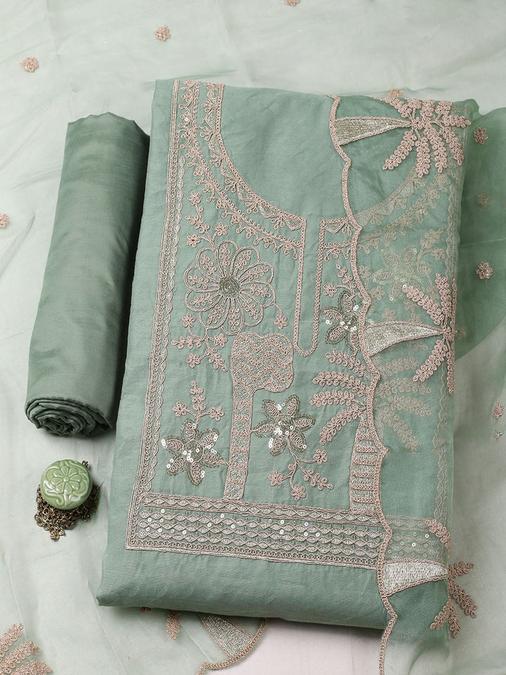 Embroidered Chanderi Unstitched Suit With Pant &amp; Dupatta