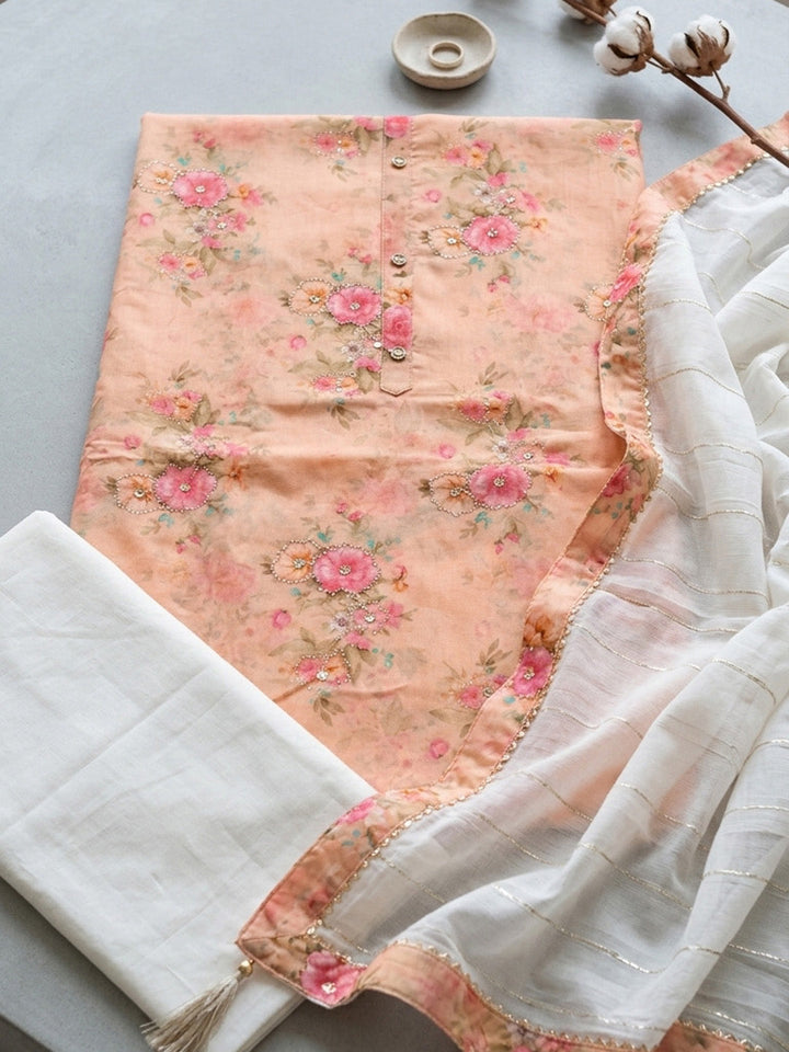 Printed Chanderi Unstitched Suit With Pant &amp; Dupatta