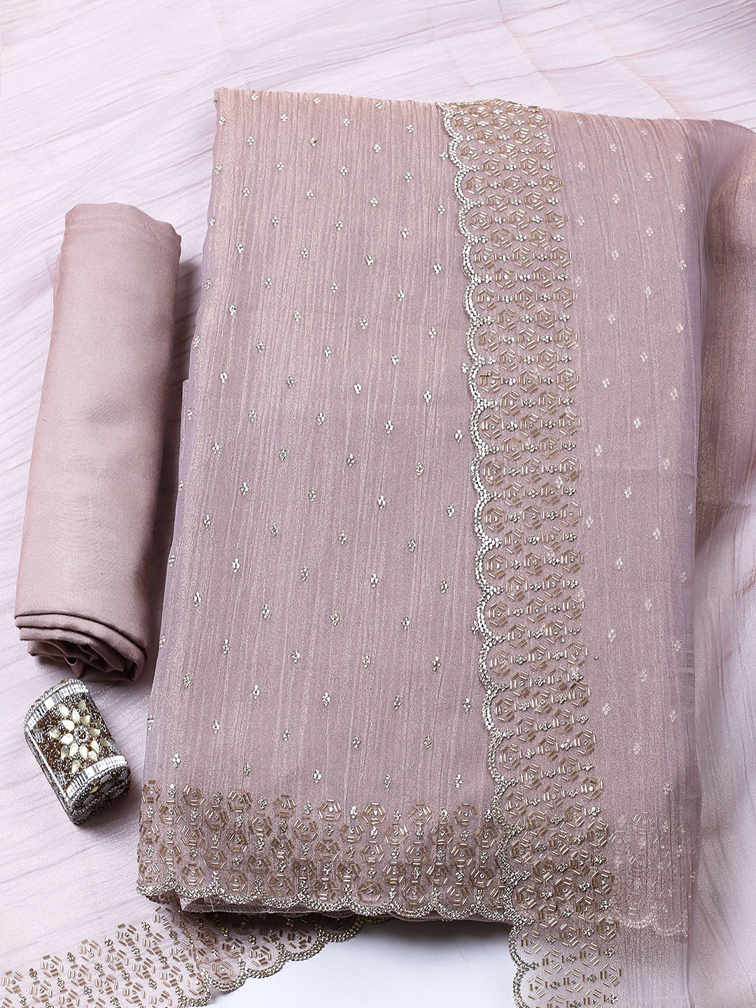 Embellished Tissue Unstitched Suit With Pant &amp; Dupatta