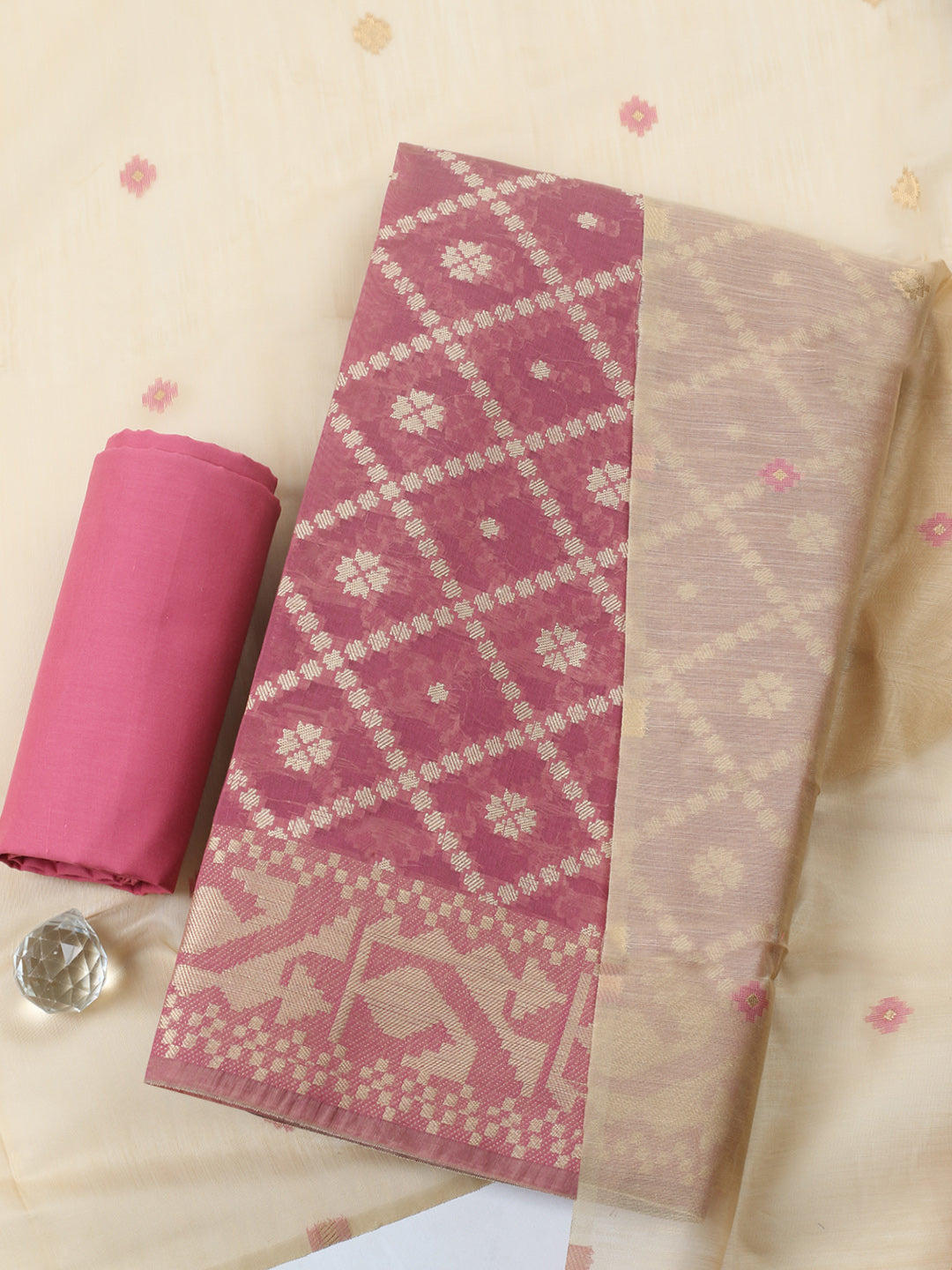 Printed Chanderi Unstitched Suit With Pant &amp; Dupatta