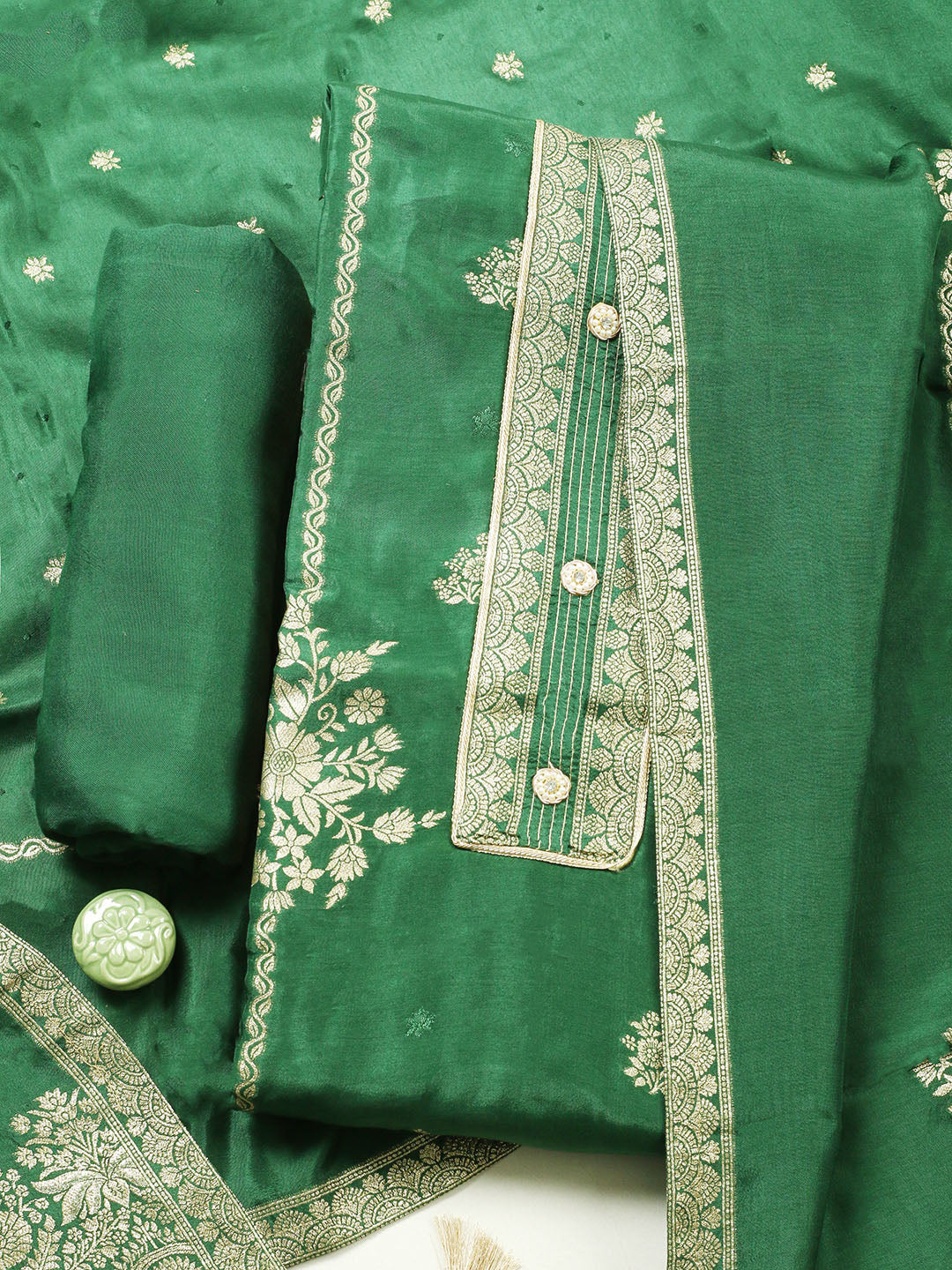 Embroidered Chanderi Unstitched Suit With Pant &amp; Dupatta