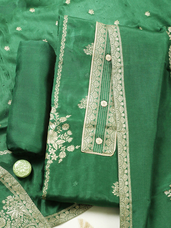 Embroidered Chanderi Unstitched Suit With Pant &amp; Dupatta