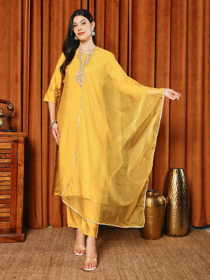 Resham Work Cotton Blend Kurta With Pants &amp; Dupatta