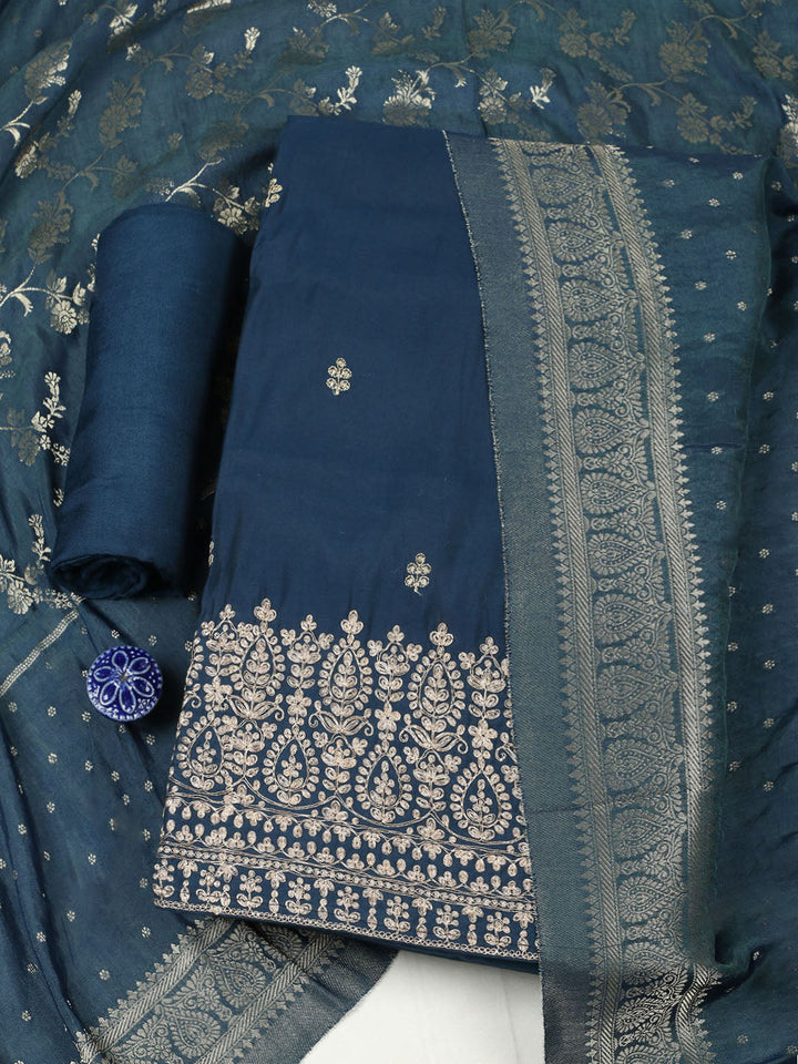 Embroidered Chanderi Unstitched Suit With Pant &amp; Dupatta