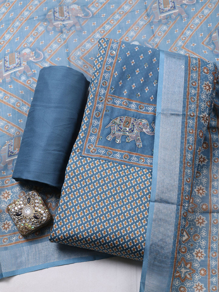 Printed Cotton Blend Unstitched Suit With Pant &amp; Dupatta