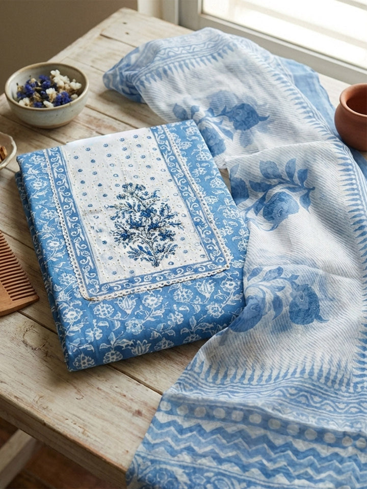 Embroidered Cotton Blend Unstitched Suit With Pant &amp; Dupatta