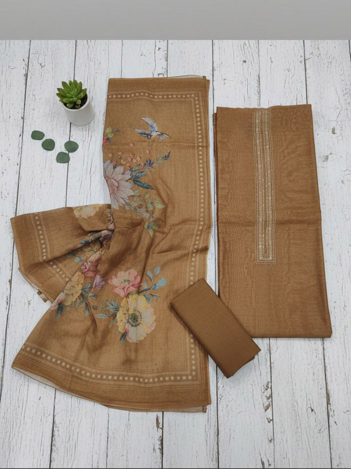 Printed Cotton Blend Unstitched Suit With Pant &amp; Dupatta