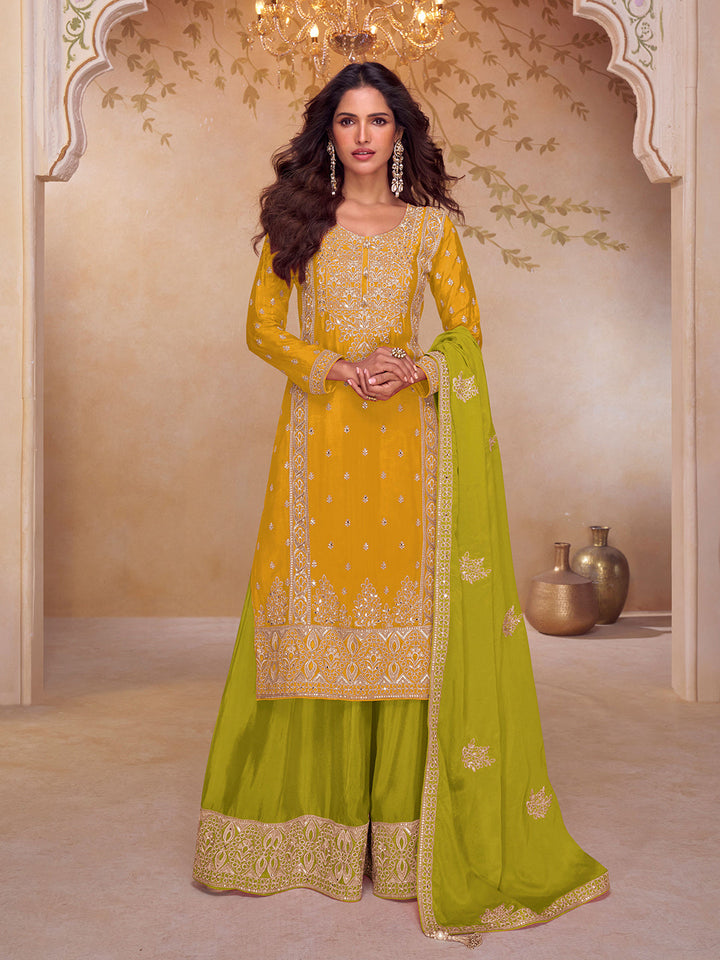 Embroidered Chinon Kurta With Plazzo &amp; Dupatta
