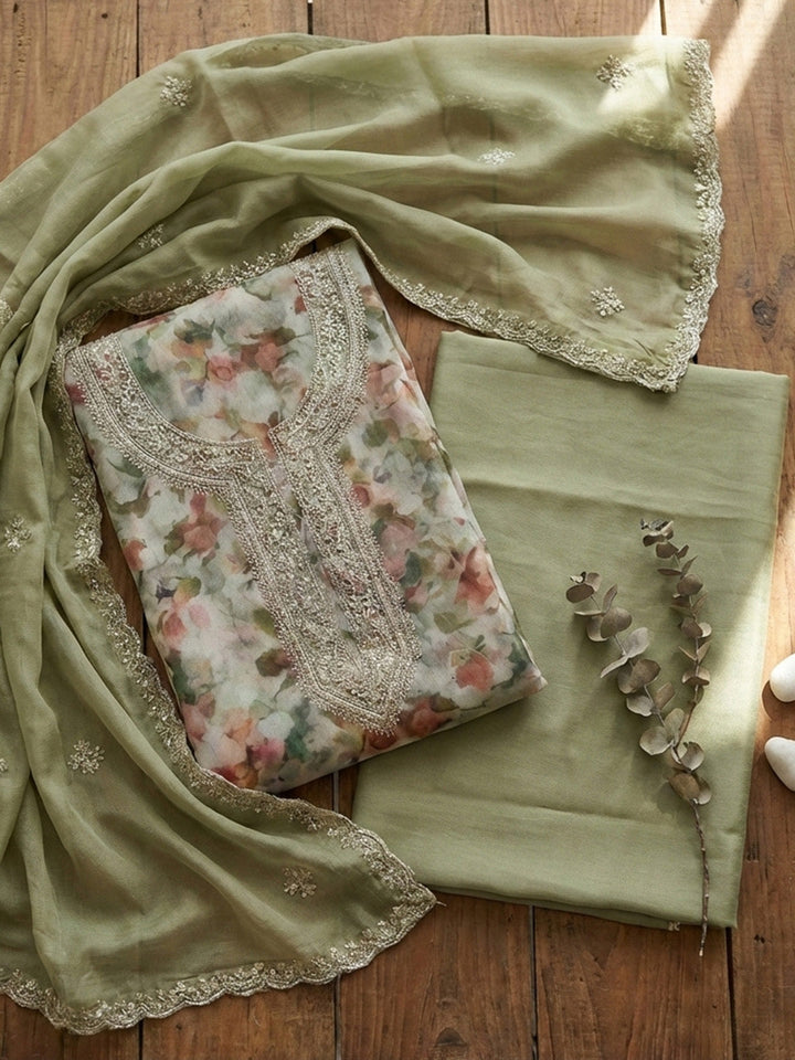 Printed Cotton Blend Unstitched Suit With Pant &amp; Dupatta