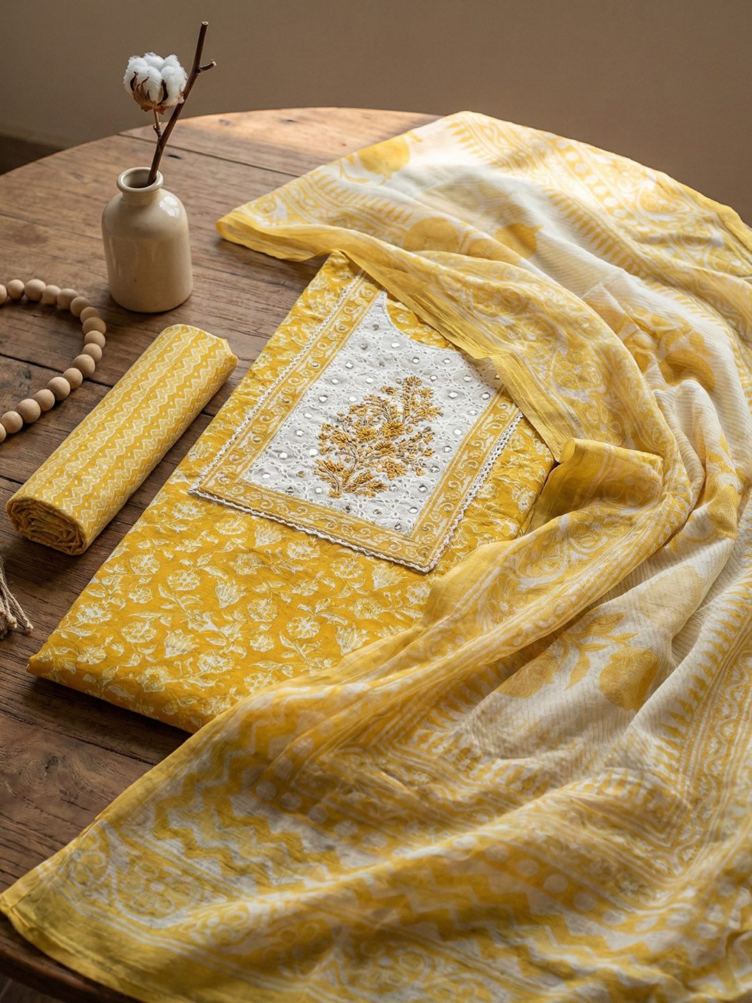 Embroidered Cotton Blend Unstitched Suit With Pant &amp; Dupatta
