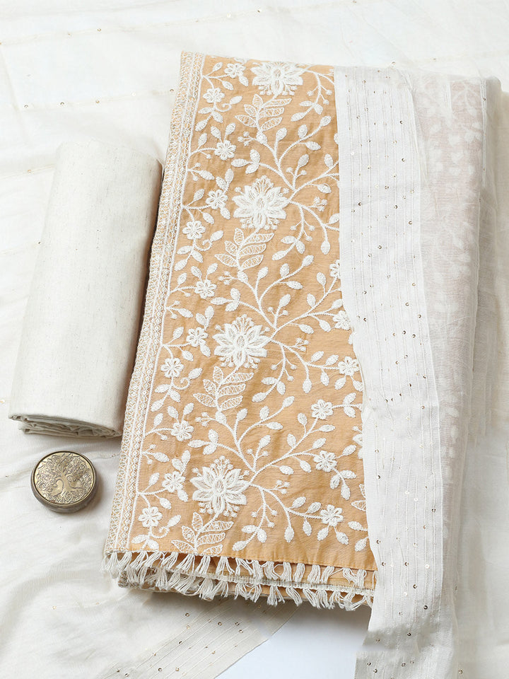 Embroidered Cotton Blend Unstitched Suit With Pant &amp; Dupatta