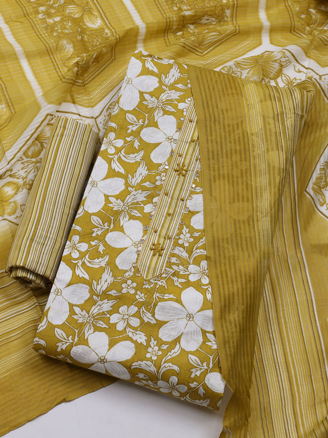 Floral Printed Cotton Blend Unstitched Suit With Dupatta