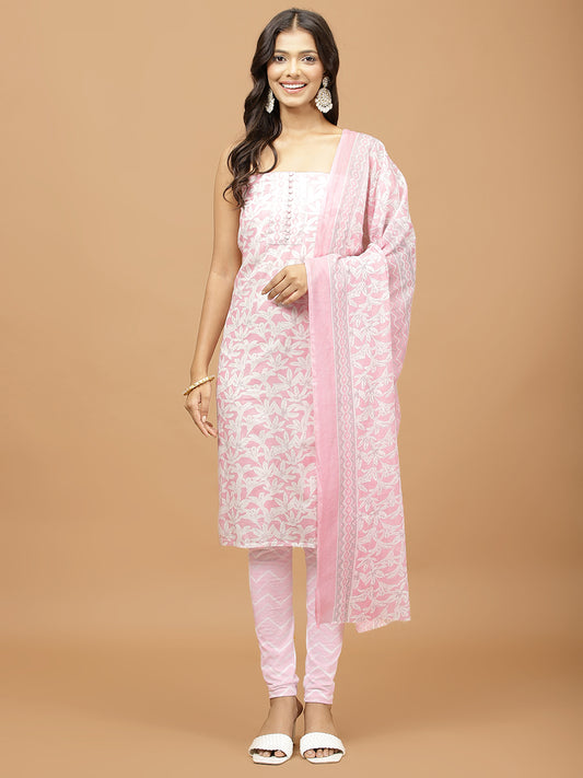 Neck Embroidered Cotton Blend Unstitched Suit With Dupatta