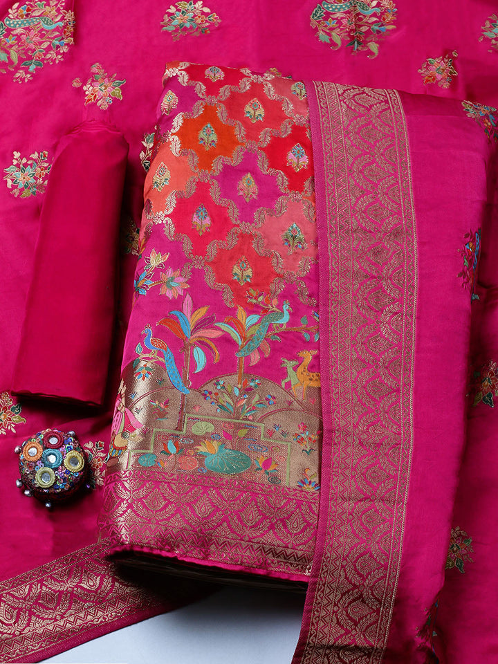 Woven Design Satin Unstitched Suit With Pant &amp; Dupatta