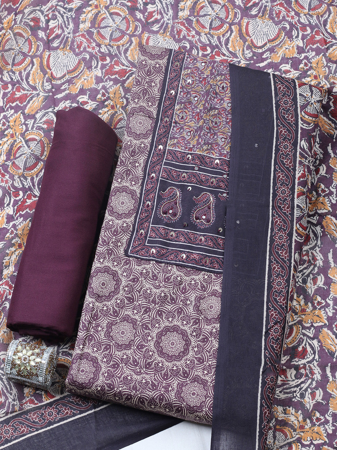 Printed Cotton Blend Unstitched Suit With Pant &amp; Dupatta