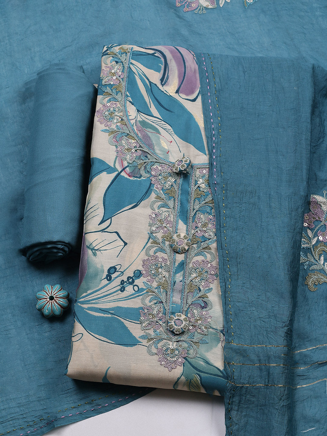Embroidered Muslin Unstitched Suit With Pant &amp; Dupatta