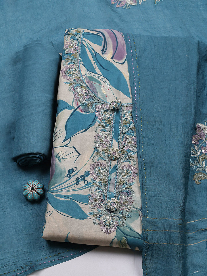 Embroidered Muslin Unstitched Suit With Pant &amp; Dupatta