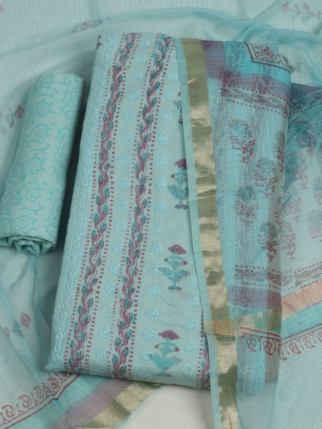 Printed Cotton Unstitched Suits Printed Suit With Pant &amp; Dupatta