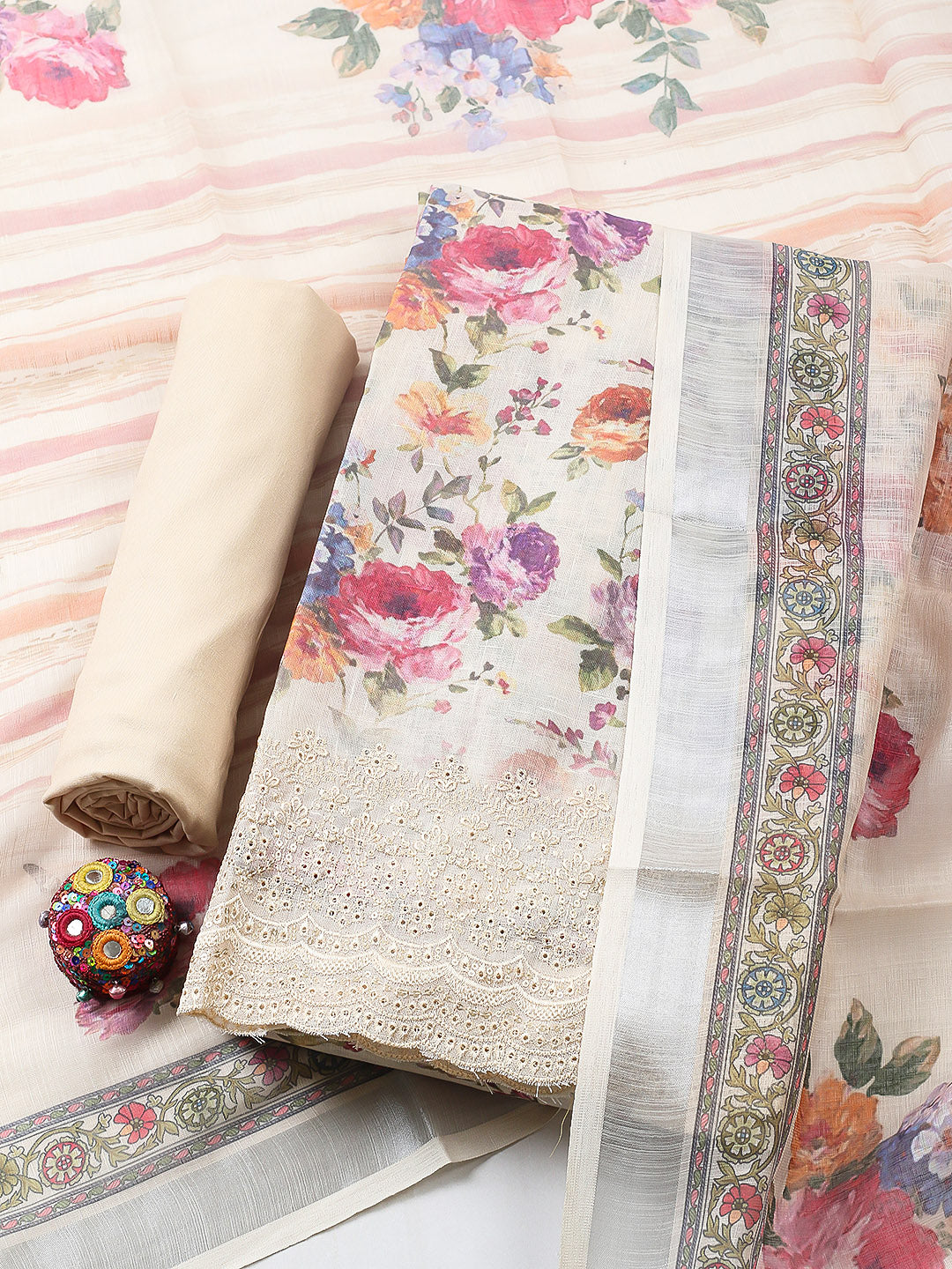 Embroidered Linen Blend Unstitched Suit With Pant &amp; Dupatta