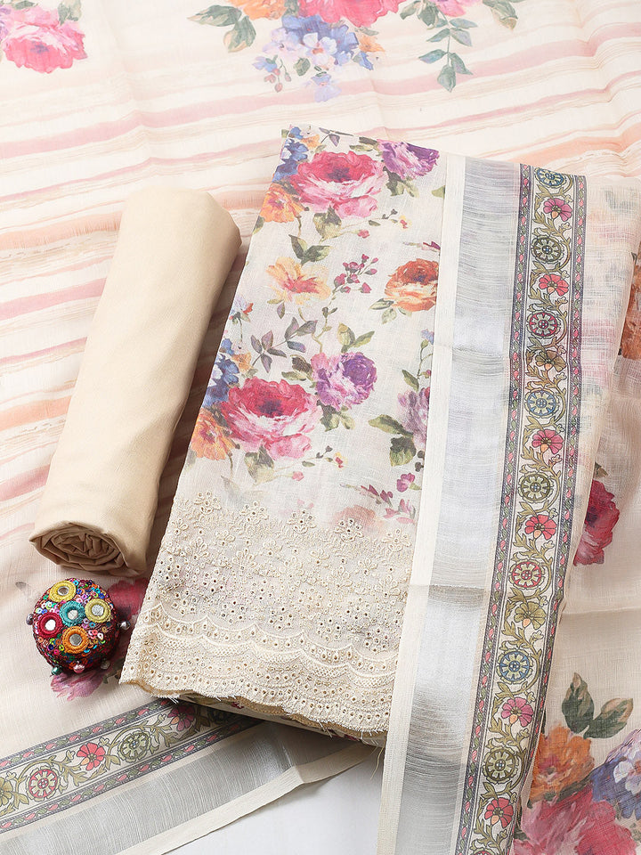 Embroidered Linen Blend Unstitched Suit With Pant &amp; Dupatta