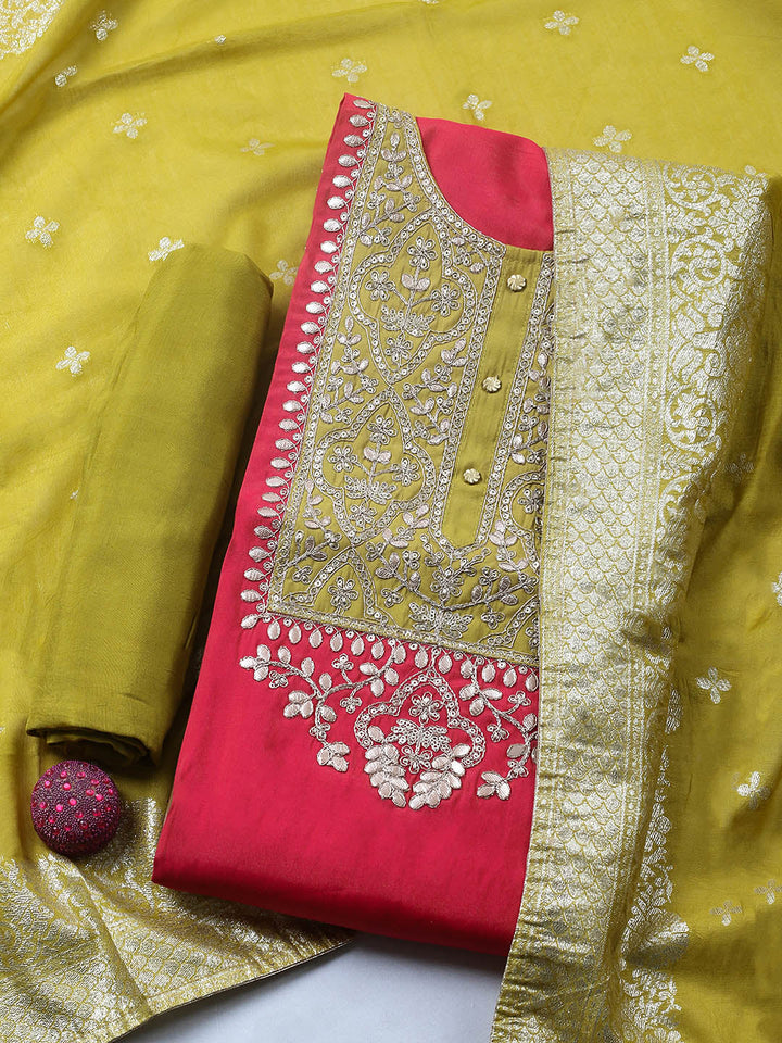 Embroidered Chanderi Unstitched Suit With Pant &amp; Dupatta