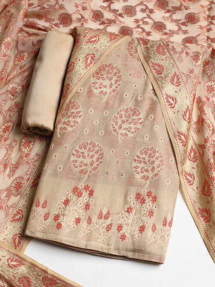Woven Banarasi Chanderi Unstitched Suit With Dupatta
