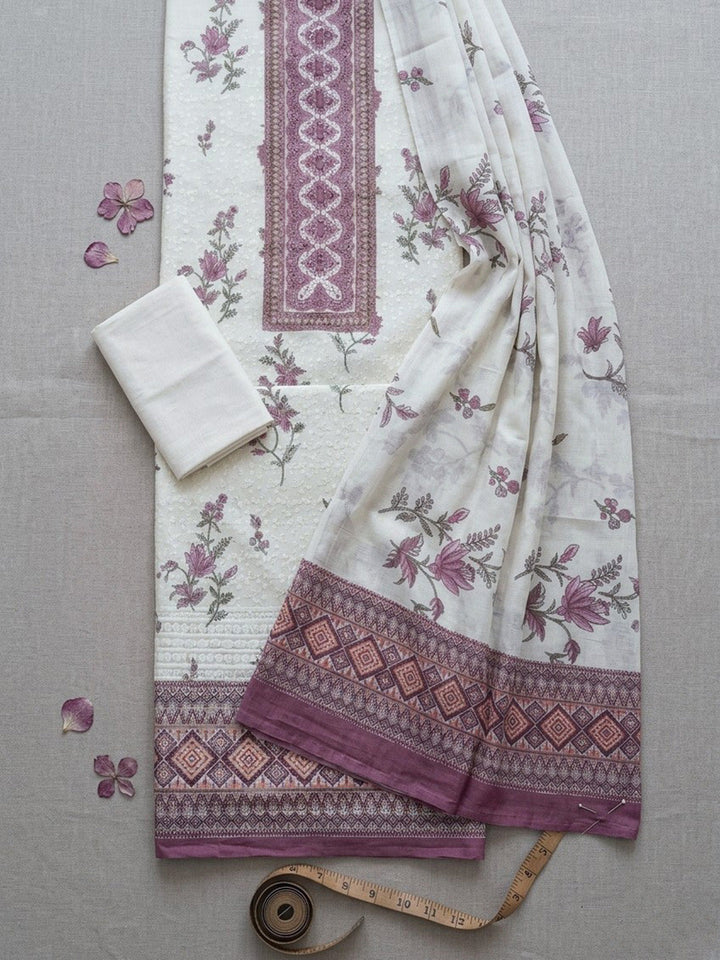 Printed Cotton Blend Unstitched Suit With Pant &amp; Dupatta