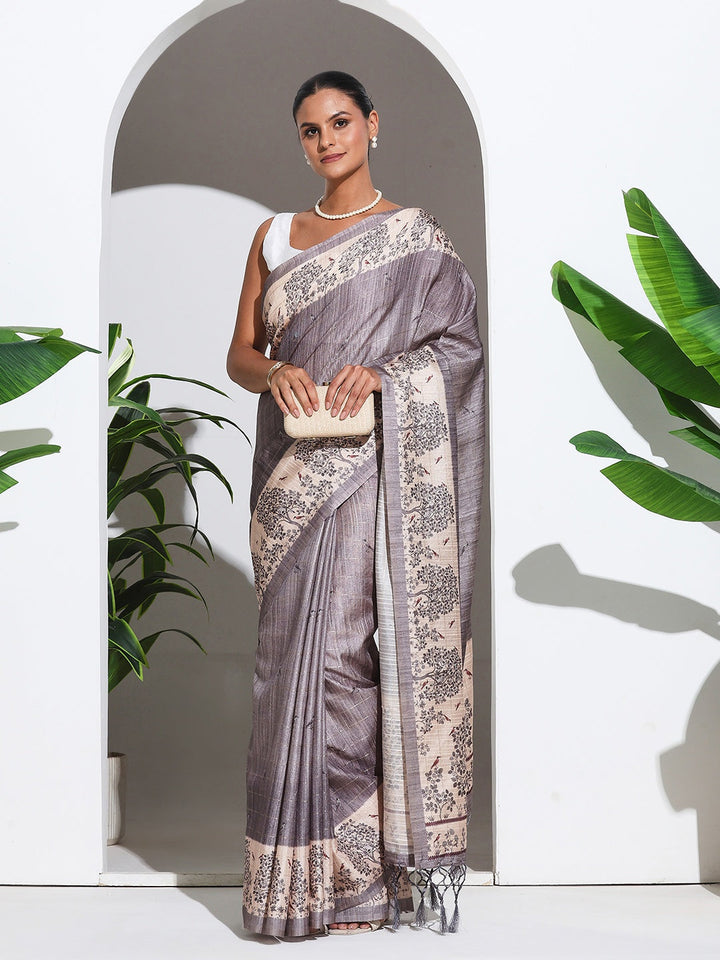 Floral Printed Tussar Silk Saree